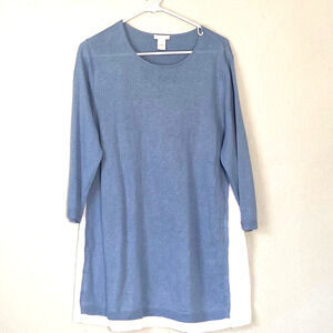 J Jill Top Medium Blue Tunic Sweater Blue White Linen Trim 3/4 Sleeves Lagenlook